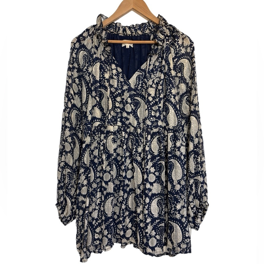 Melloday blue/ gray paisley print long sleeve tunic blouse/ micro mini dress